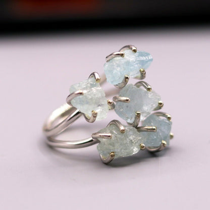 Sterling silver ring with a fancy aqua chalcedony stone, stylish design, perfect as a gifting jewelry piece by Tribal Ornaments.
