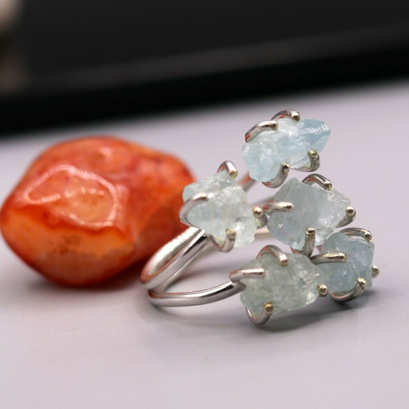 925 STERLING SILVER FANCY AQUA CHALCEDONNY STONE STYLISH GIFTING RING BAND sr123 - TRIBAL ORNAMENTS