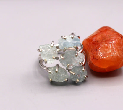 Sterling silver ring with a fancy aqua chalcedony stone, stylish design, ideal for gifting from Tribal Ornaments.