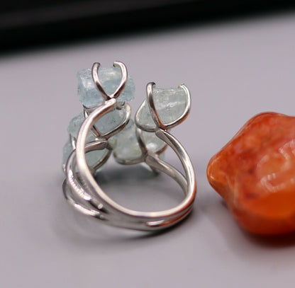 Sterling silver ring with a fancy aqua chalcedony stone, stylish design by Tribal Ornaments, perfect for gifting or everyday wear.