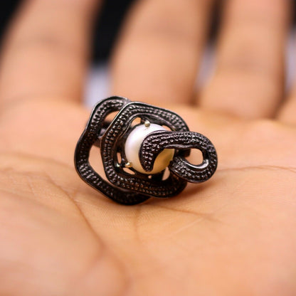 Vintage antique style sterling silver pearl ring by Tribal Ornaments, featuring a detailed band and elegant design.