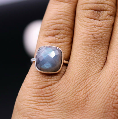 Solid silver 925 ring with blue fire labradorite stone, perfect for wedding or anniversary, from Tribal Ornaments.
