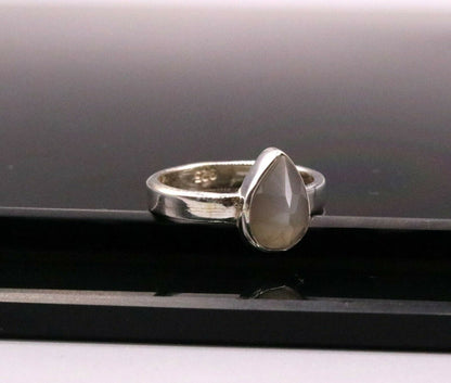Handmade solid 925 silver Indian style stone ring with intricate band design, crafted by TRIBAL ORNAMENTS.