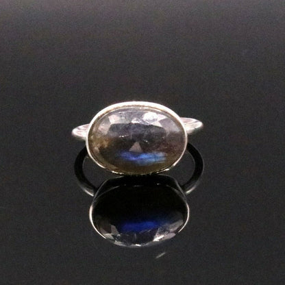 Unisex blue fire labradorite stone silver ring with 925 solid silver band, tribal ornaments design, elegant jewelry piece