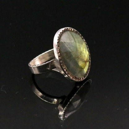 Fabulous labradorite unisex ring with 925 solid silver antique design band by Tribal Ornaments, showcasing intricate craftsmanship.