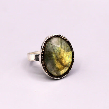 Unisex Labradorite silver ring with antique design featuring intricate tribal ornament details, crafted in solid 925 silver.