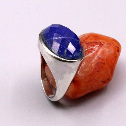 Unisex silver ring with simulated sapphire stone, 925 solid silver band, crafted by Tribal Ornaments, India jewelry.