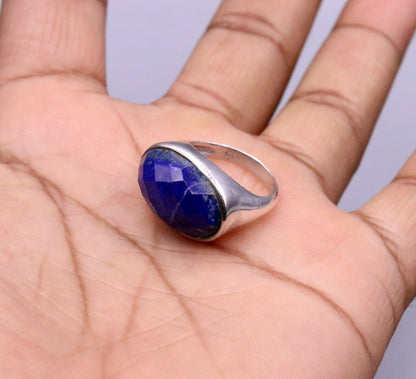 Unisex silver ring with simulated sapphire stone by Tribal Ornaments, featuring a solid 925 silver band with intricate India-inspired design.