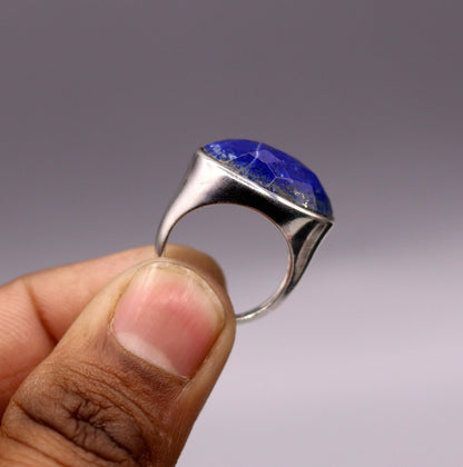 Unisex silver ring with simulated sapphire stone, crafted by Tribal Ornaments, made of 925 solid silver, India jewelry.
