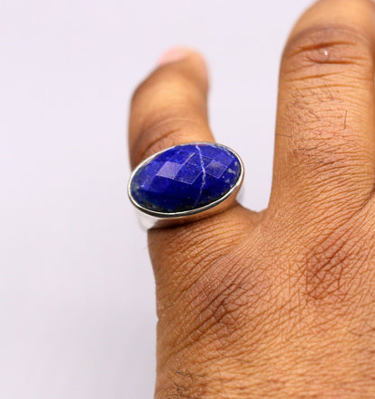 Unisex silver ring with simulated sapphire stone, 925 solid silver band, Indian-inspired jewelry by Tribal Ornaments