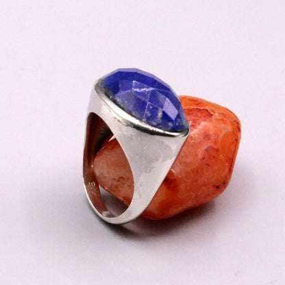Unisex silver ring with simulated sapphire stone, 925 solid silver band, crafted in India, tribal ornament jewelry.