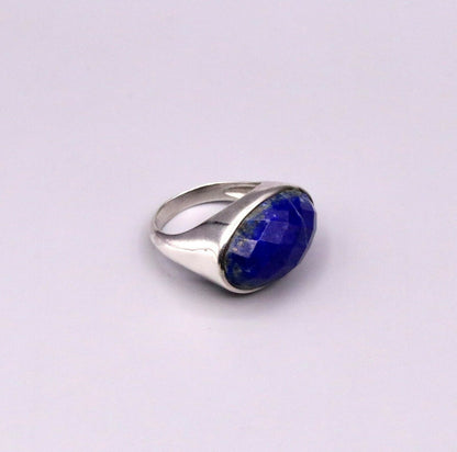 Unisex silver ring with simulated sapphire stone, crafted from 925 solid silver, Indian jewelry by Tribal Ornaments.