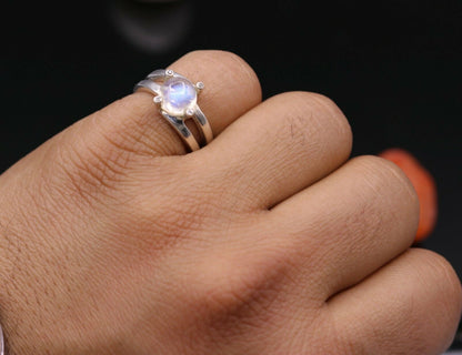 925 silver anniversary wedding rainbow moonstone ring with tribal ornament design, perfect for special occasion jewelry.