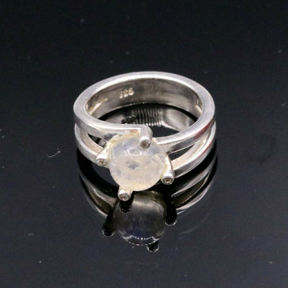 Top class 925 silver anniversary wedding rainbow moonstone ring by Tribal Ornaments showing a detailed band with rainbow moonstone gemstone