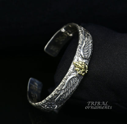Polished 925 sterling silver or gold tribal cuff bracelet featuring a detailed Lord Ganesh design, adjustable tribal ethnic jewelry.