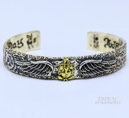 Polished 925 sterling silver or gold tribal cuff bracelet featuring a customized Lord Ganesh design, adjustable tribal ethnic jewelry