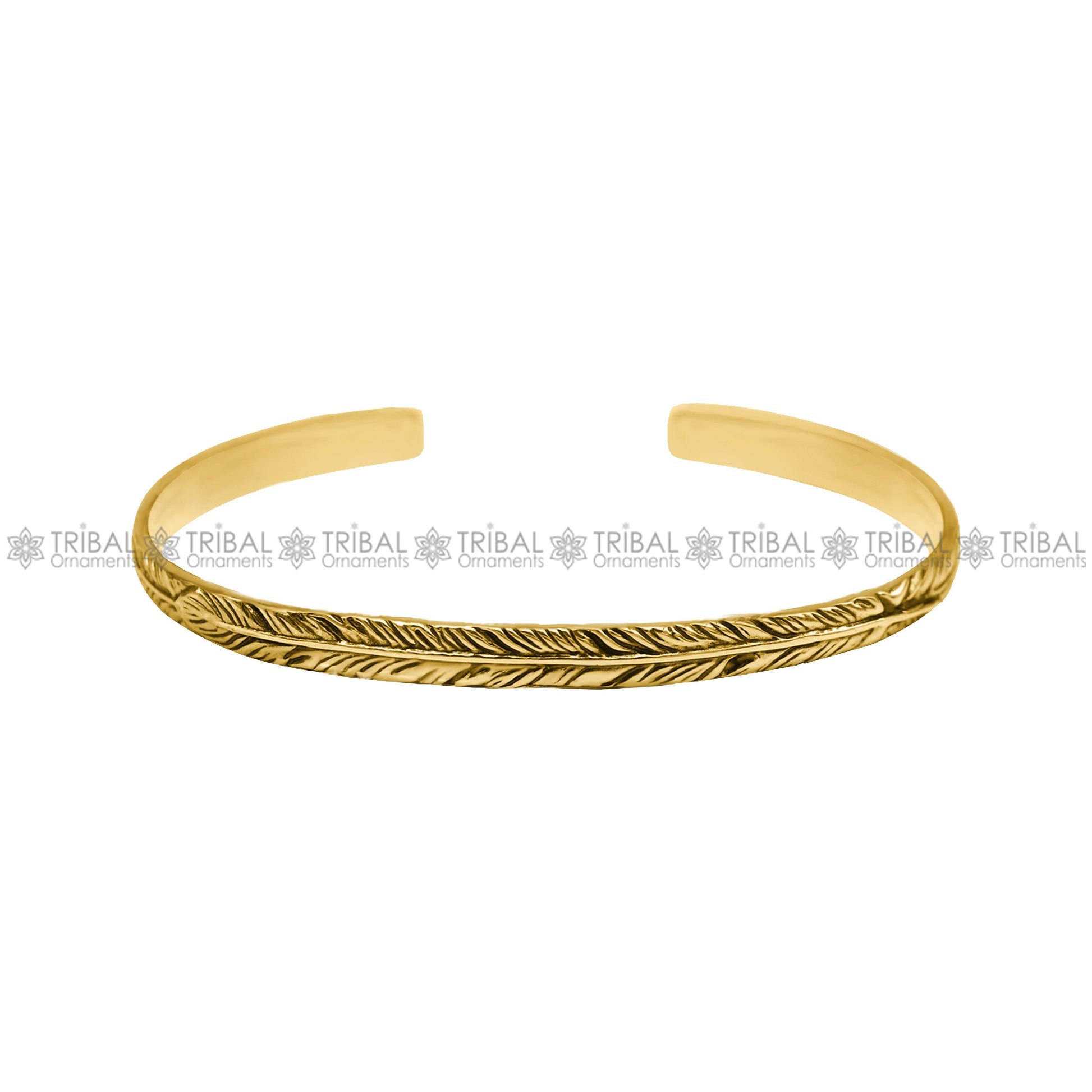 Sterling silver or gold polished feather design adjustable cuff bracelet, unisex handmade jewelry from TRIBAL ORNAMENTS.
