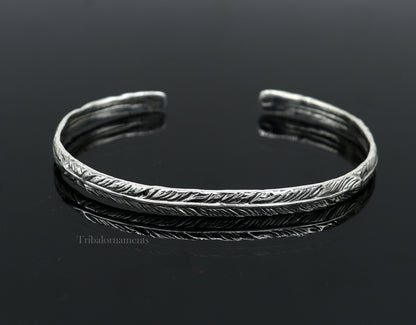 Sterling silver or gold polished feather design adjustable cuff bangle bracelet, unisex handmade jewelry by Tribal Ornaments.