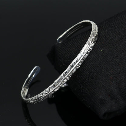 Sterling silver or gold polished feather design adjustable cuff bracelet, unisex handmade jewelry by TRIBAL ORNAMENTS.
