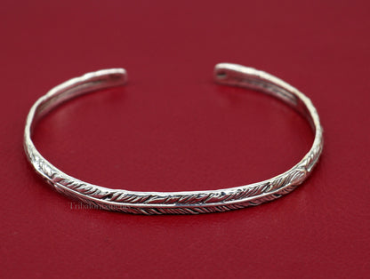 Sterling silver or gold polished feather design handmade adjustable cuff bangle bracelet, unisex jewelry, tribal ornaments.