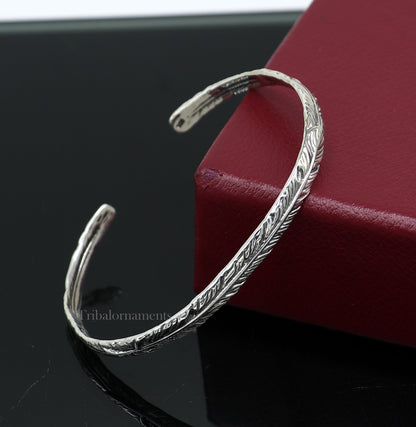 Sterling silver or gold polished feather design handmade adjustable cuff bangle bracelet, unisex jewelry, tribal ornament style.