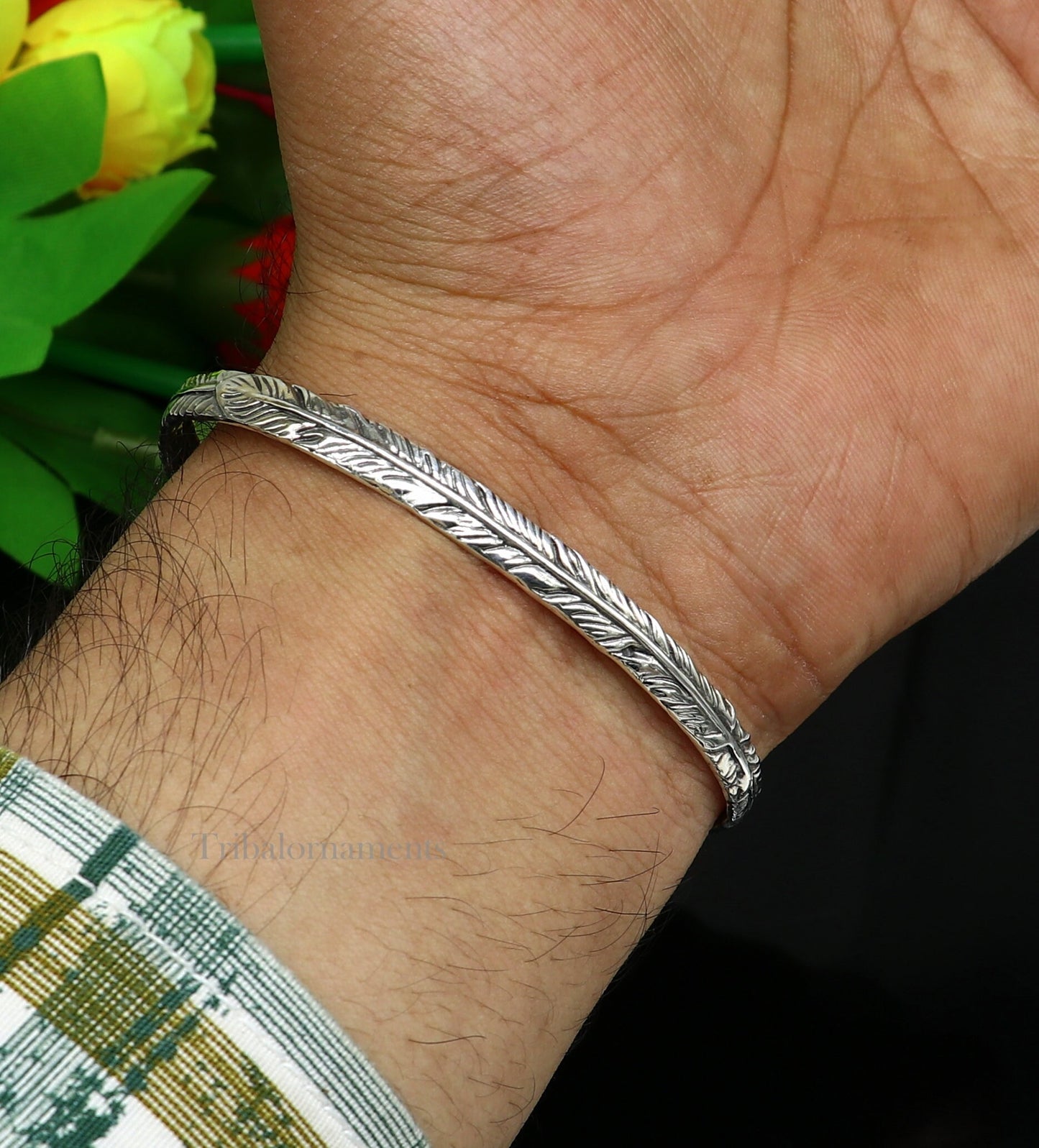 925 sterling silver or Gold polished feather design handmade adjustable cuff bangle bracelet kada unisex men's or girl's jewelry Gnsk370 - TRIBAL ORNAMENTS