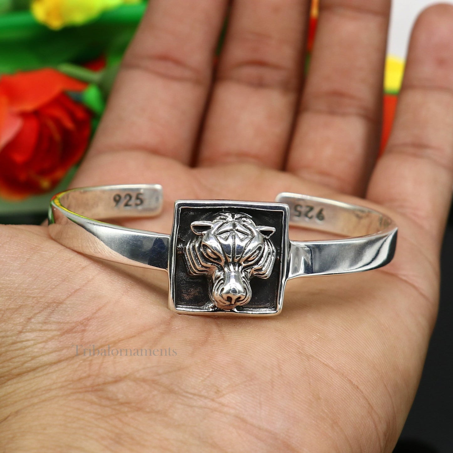 925 sterling silver or Gold polished handmade lion face design adjustable bangle bracelet kada best unisex gifting jewelry India Gnsk368 - TRIBAL ORNAMENTS
