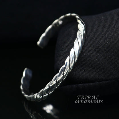 Polished 925 sterling silver or gold handmade open face adjustable bangle cuff bracelet with unique tribal design by TRIBAL ORNAMENTS.