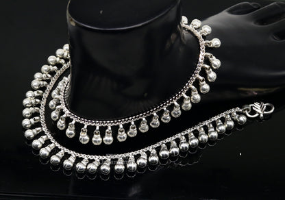 Sterling silver ankle bracelet with 10.5-inch jingling bells, handmade tribal jewelry, perfect for belly dance accessories.