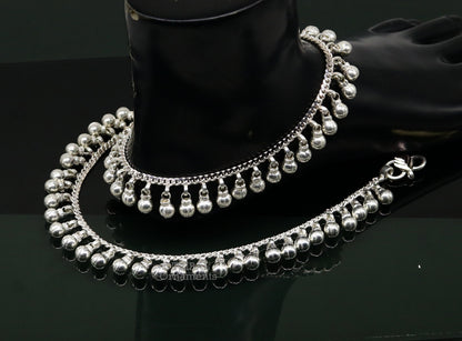 Sterling silver ankle bracelet with 10.5-inch jingling bells, handmade tribal jewelry for belly dance, noisy and customizable.