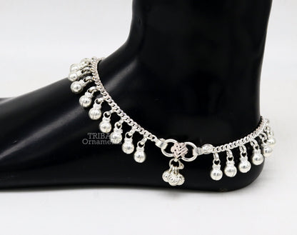 Sterling silver ankle bracelet with jingling bells, handmade tribal design, perfect for belly dance jewelry and noisy anklets.