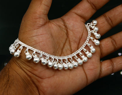 Sterling silver ankle bracelet with jingling bells, handmade tribal design, perfect for belly dance jewelry and noisy anklets.