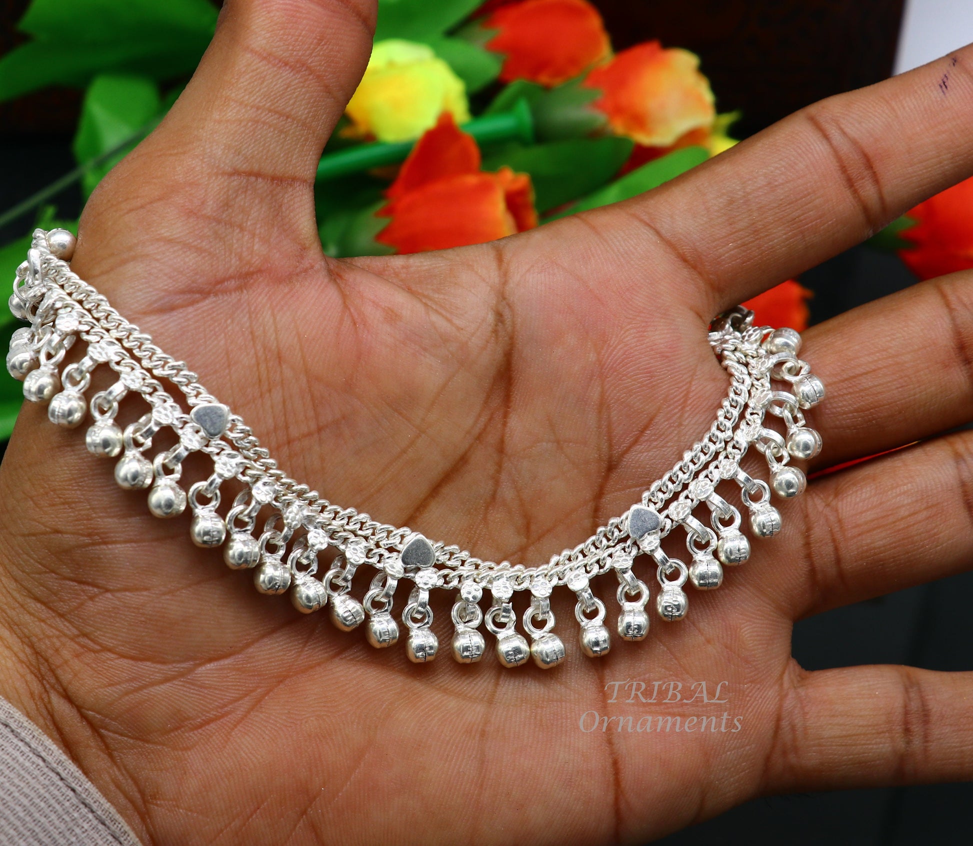 10.5" Long handmade sterling silver amazing noisy bells ankle bracelet, gorgeous charm anklets customized belly dance gifting jewelry ank476 - TRIBAL ORNAMENTS