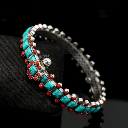 Sterling silver turquoise stone bangle bracelet with custom design and unique closure, vintage tribal jewelry by Tribal Ornaments.