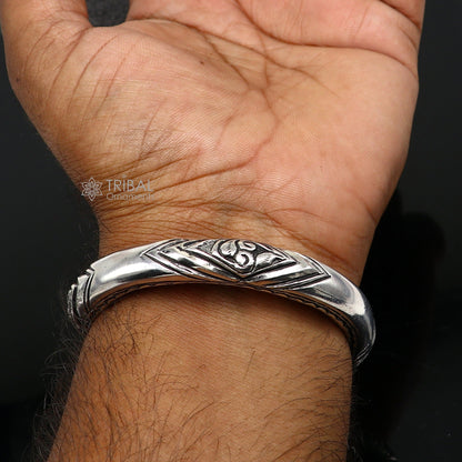 925 Sterling silver chitai work bangle bracelet by TRIBAL ORNAMENTS, unisex customized jewelry with intricate designs.