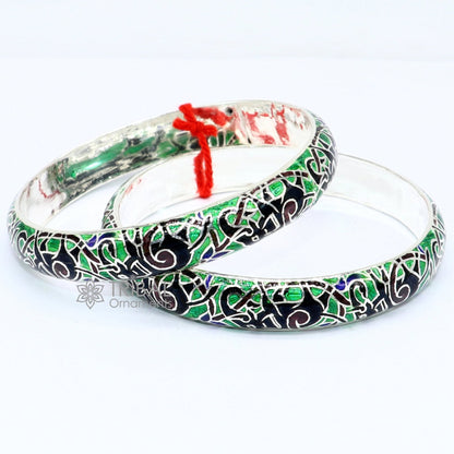 Sterling silver Meenakari bangle bracelet with colorful enamel elephant design, stylish tribal jewelry from TRIBAL ORNAMENTS.