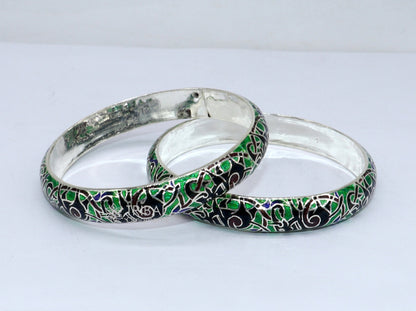 Sterling silver Meenakari enamel bangle bracelet with elephant design, handmade tribal jewelry from India by TRIBAL ORNAMENTS