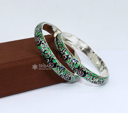 Sterling silver Meenakari bangle bracelet with colorful enamel and elephant design, stylish tribal jewelry from Indian craftsmanship.