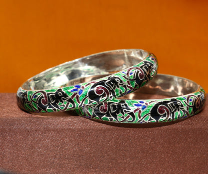Sterling silver Meenakari bangle bracelet with colorful enamel elephant design, stylish tribal jewelry from India.