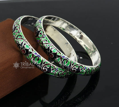 925 Sterling silver Meenakari enamel bangle bracelet with elephant design, stylish tribal jewelry from India by TRIBAL ORNAMENTS