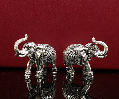 925 Sterling silver Kandrai work Nakshi/ chitai design customized Elephant statue brings luck and fortune, décor Diwali puja articles su497 - TRIBAL ORNAMENTS