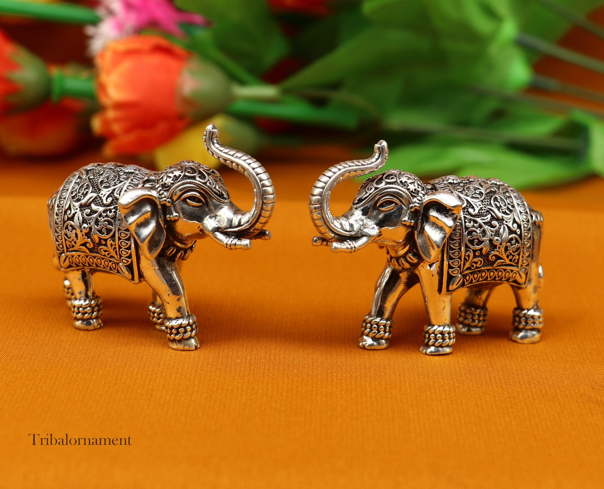 925 Sterling silver Kandrai work Nakshi/ chitai design customized Elephant statue brings luck and fortune, décor Diwali puja articles su497 - TRIBAL ORNAMENTS