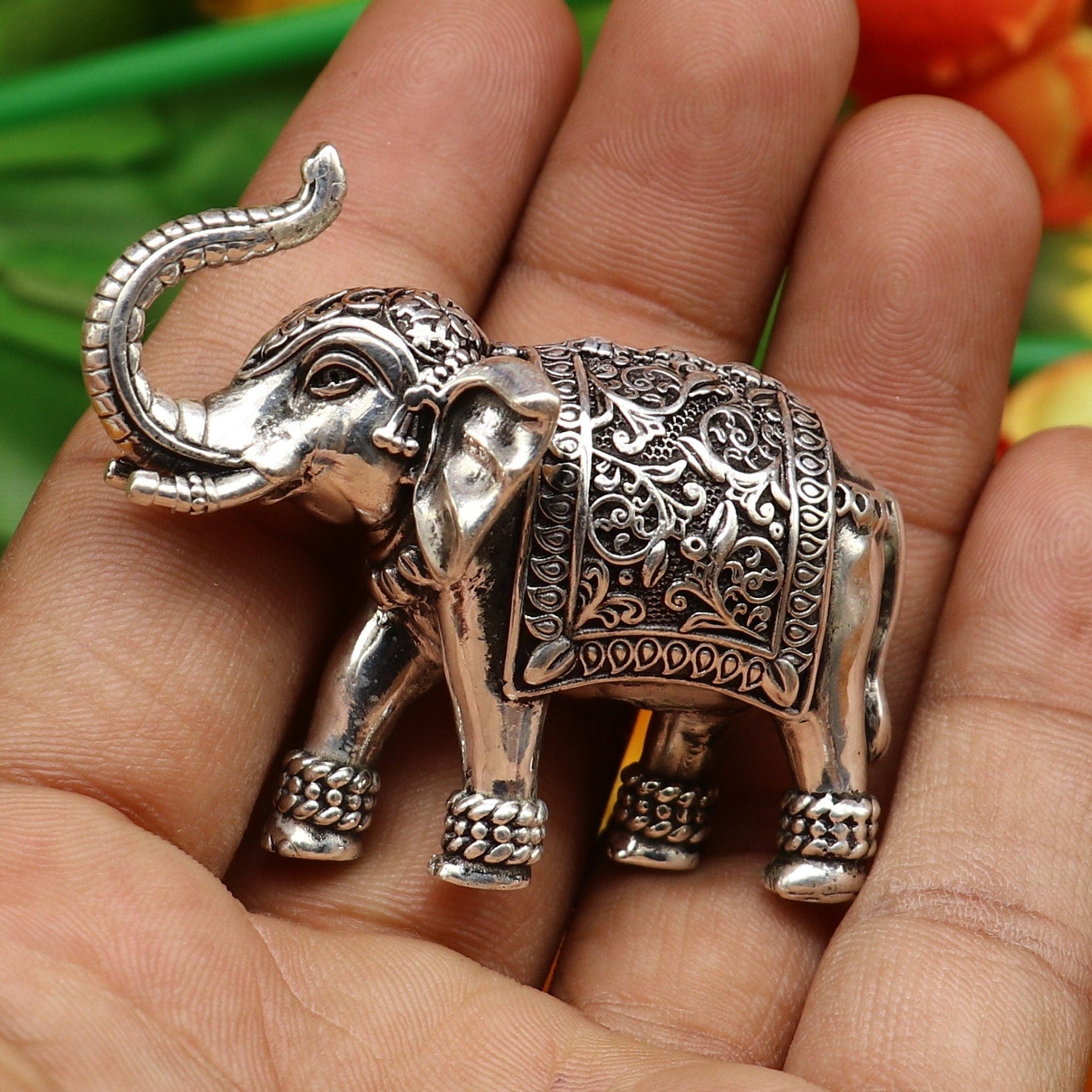 925 Sterling silver Kandrai work Nakshi/ chitai design customized Elephant statue brings luck and fortune, décor Diwali puja articles su497 - TRIBAL ORNAMENTS