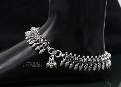 Handmade 10.5-inch sterling silver anklet with colorful stones, customized belly dance jewelry by TRIBAL ORNAMENTS.