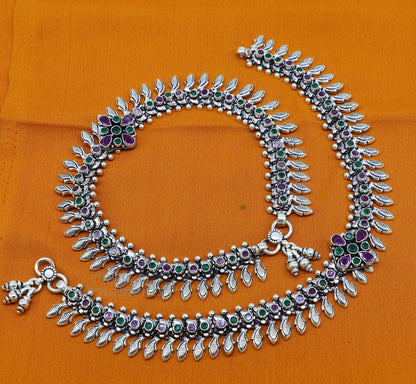 Handmade 10.5-inch sterling silver anklet with colorful stones, customized belly dance jewelry by TRIBAL ORNAMENTS.