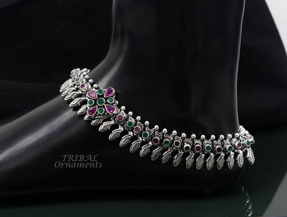 Handmade 10.5-inch sterling silver anklet with colorful stone, customized tribal design, perfect for belly dance jewelry.