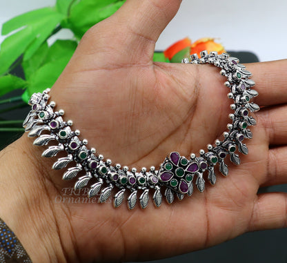 Handmade 10.5-inch sterling silver anklet with colorful stone accents, perfect for belly dance jewelry and customized anklet style.