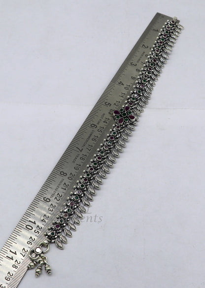 Handmade 10.5-inch sterling silver anklet with colorful stone accents, featuring customizable design and belly dance jewelry style.