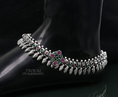 Handmade 10.5-inch sterling silver anklet with colorful stone accents, featuring custom design, perfect for belly dance jewelry.