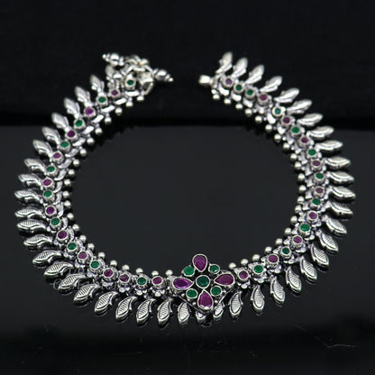 Handmade 10.5-inch sterling silver anklet with colorful stone accents, perfect for belly dance jewelry and custom designs.